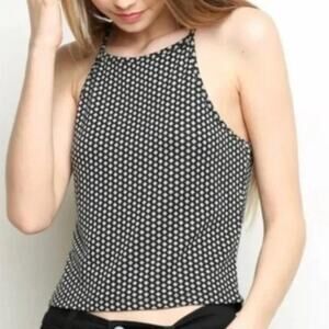 Brandy Melville Halter Crop Top Black White Diamond Print Tie Neckline One Size